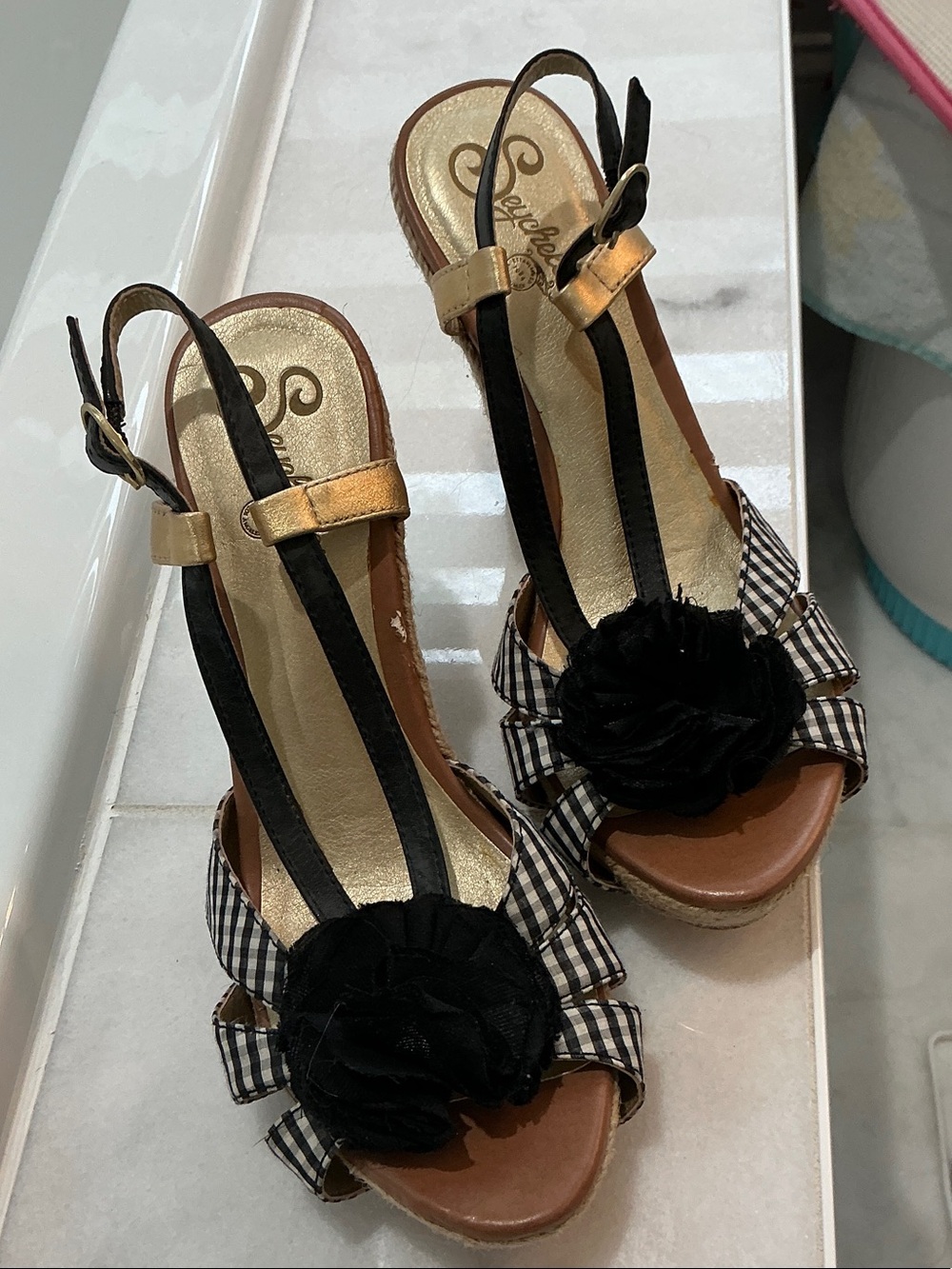 Seychelles Black Floral Gingham Slingback Sandals with Gold Accents